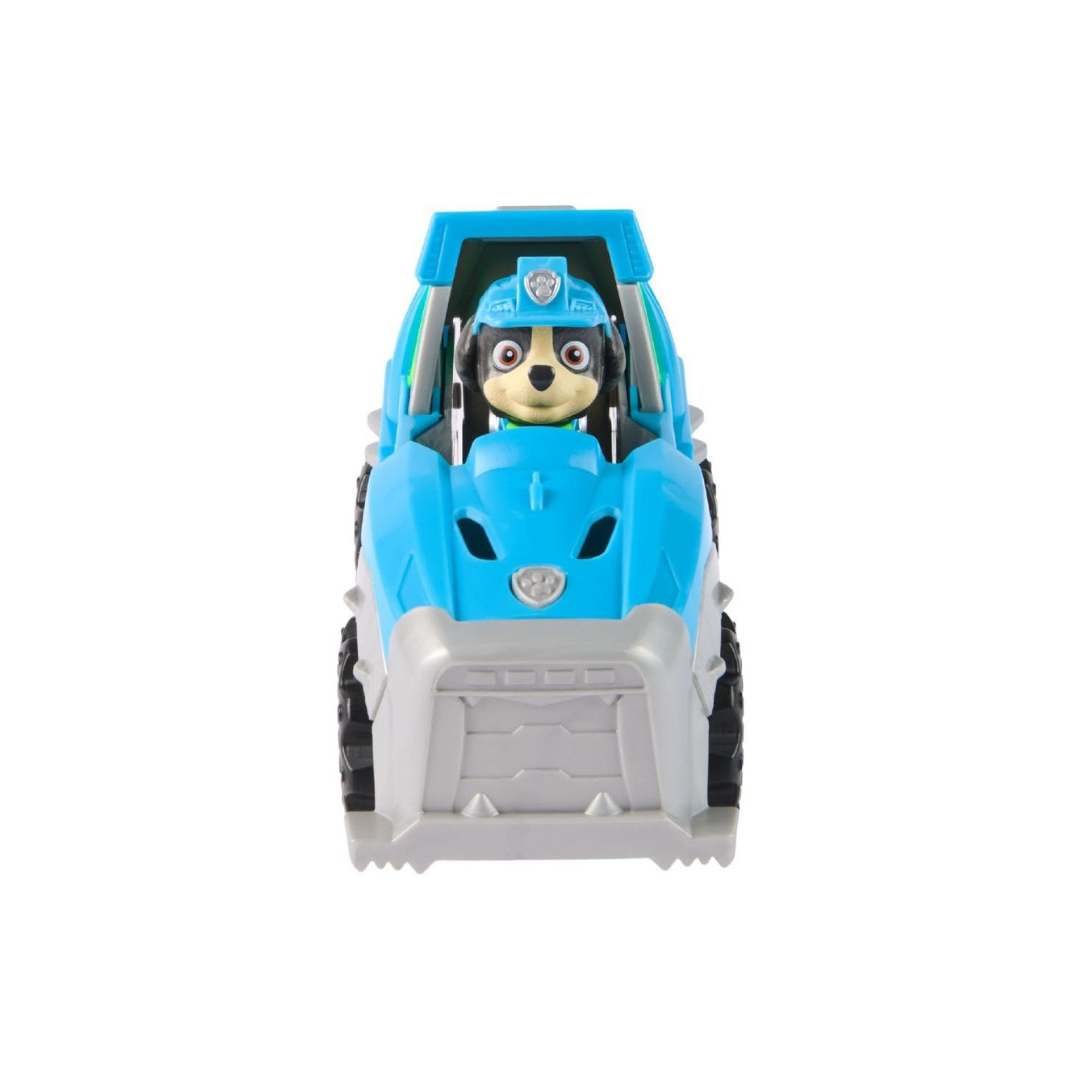 Carrinho azul com personagem de cão dentro com capacete azul