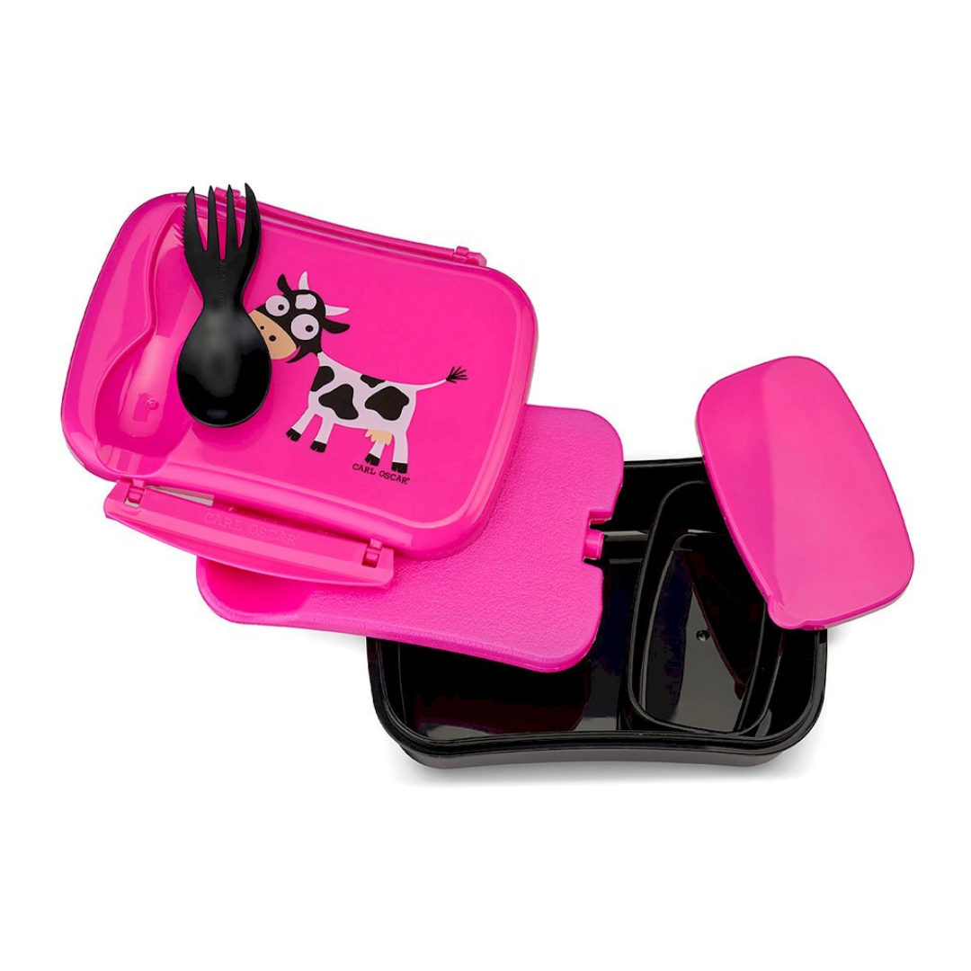 Marmita rosa com desenho de vaca e talheres integrados