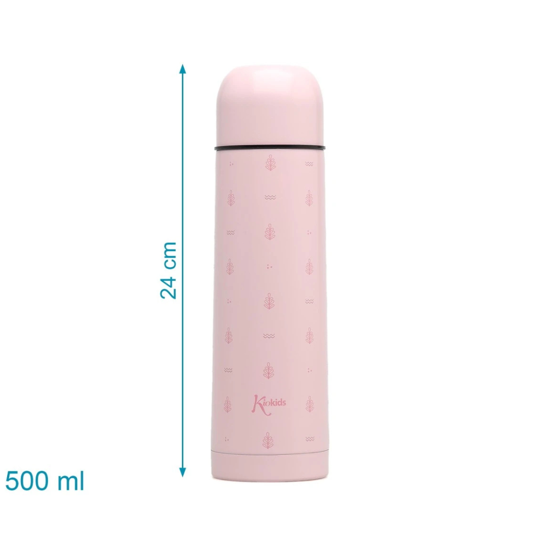 Garrafa térmica rosa claro com padrão de pequenas folhas e ondas