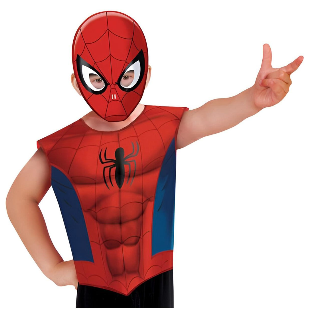 Máscara e colete vermelhos e azuis com padrão de teia e aranha