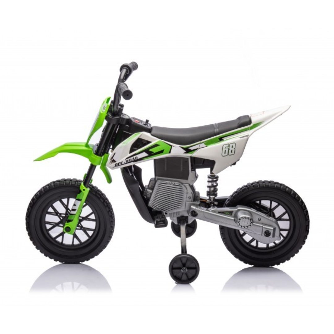 Motociclo infantil de brinquedo branco e verde com rodas grandes e roda de apoio pequena