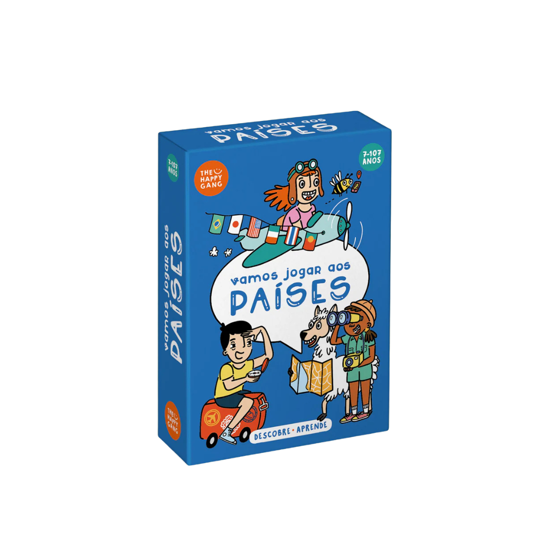 Embalagem azul de jogo educativo Vamos Jogar aos Países com ilustrações de crianças e texto