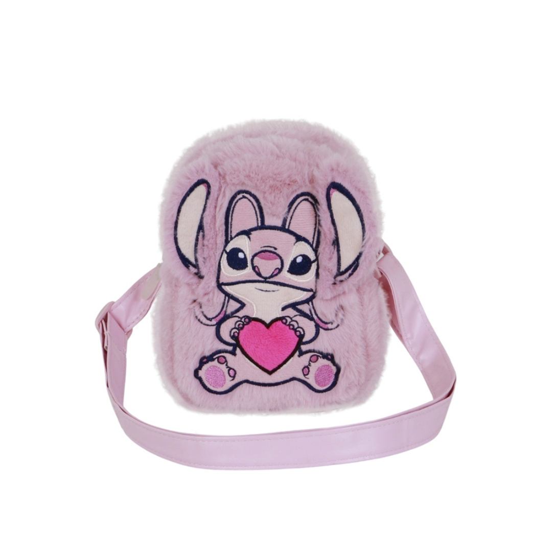 Mochila de pelúcia rosa com estampa de coelho segurando coração cor de rosa.