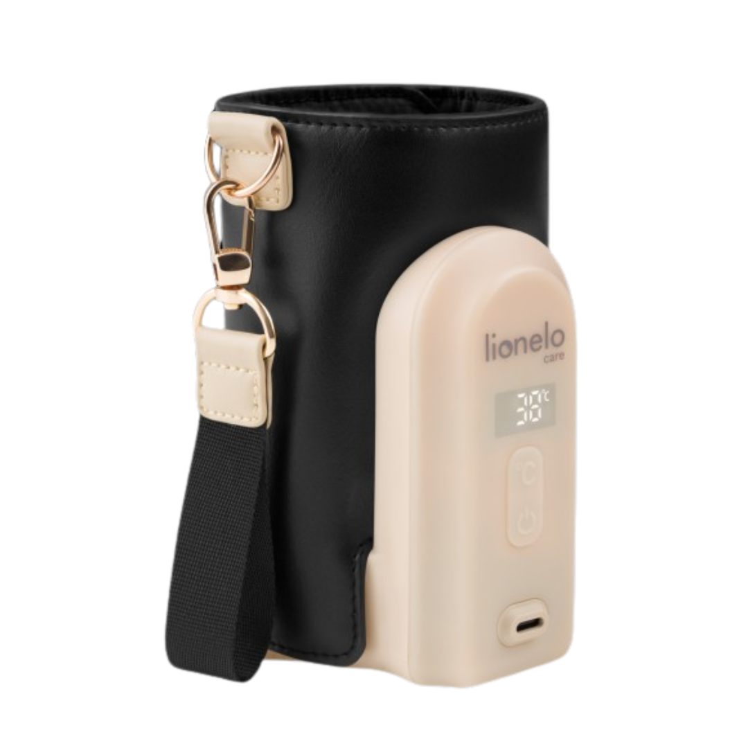 Suporte de transporte preto para garrafa com dispositivo térmico bege da lionelo e alça preta.