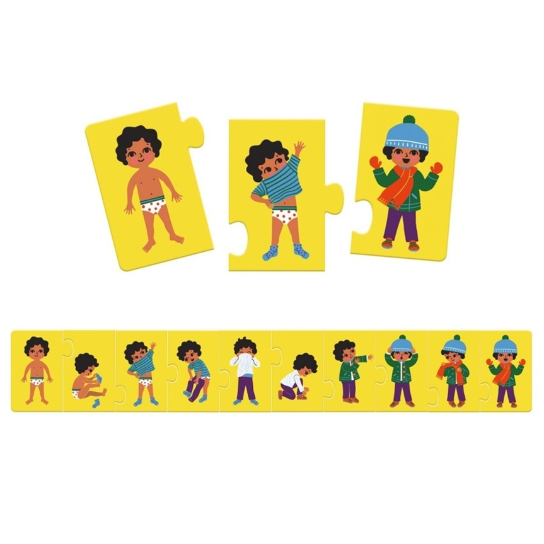 Peças de puzzle amarelas com ilustrações de menino a vestir diferentes roupas
