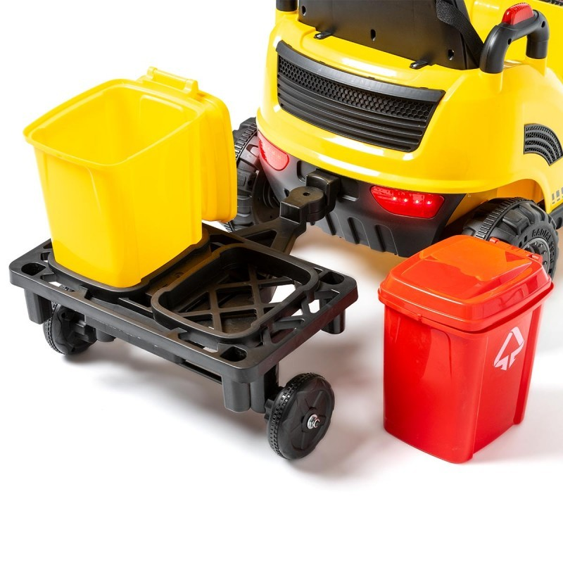 Brinquedo carrinho amarelo com reboque e contentores de plástico amarelo e vermelho