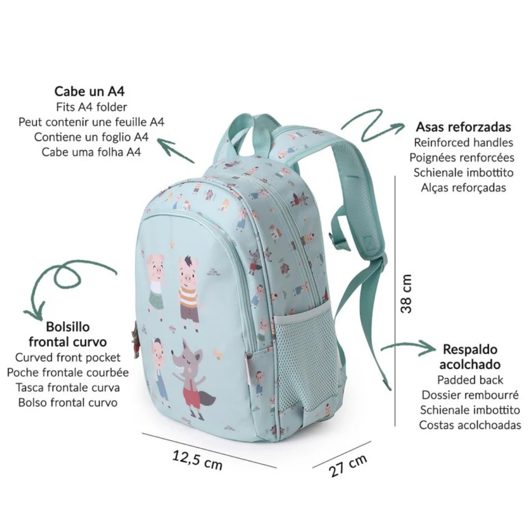 Mochila azul clara com desenhos de animais e bolso frontal curvo