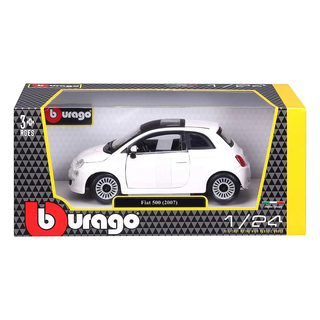 Miniatura de carro Fiat 500 branco na caixa da Bburago