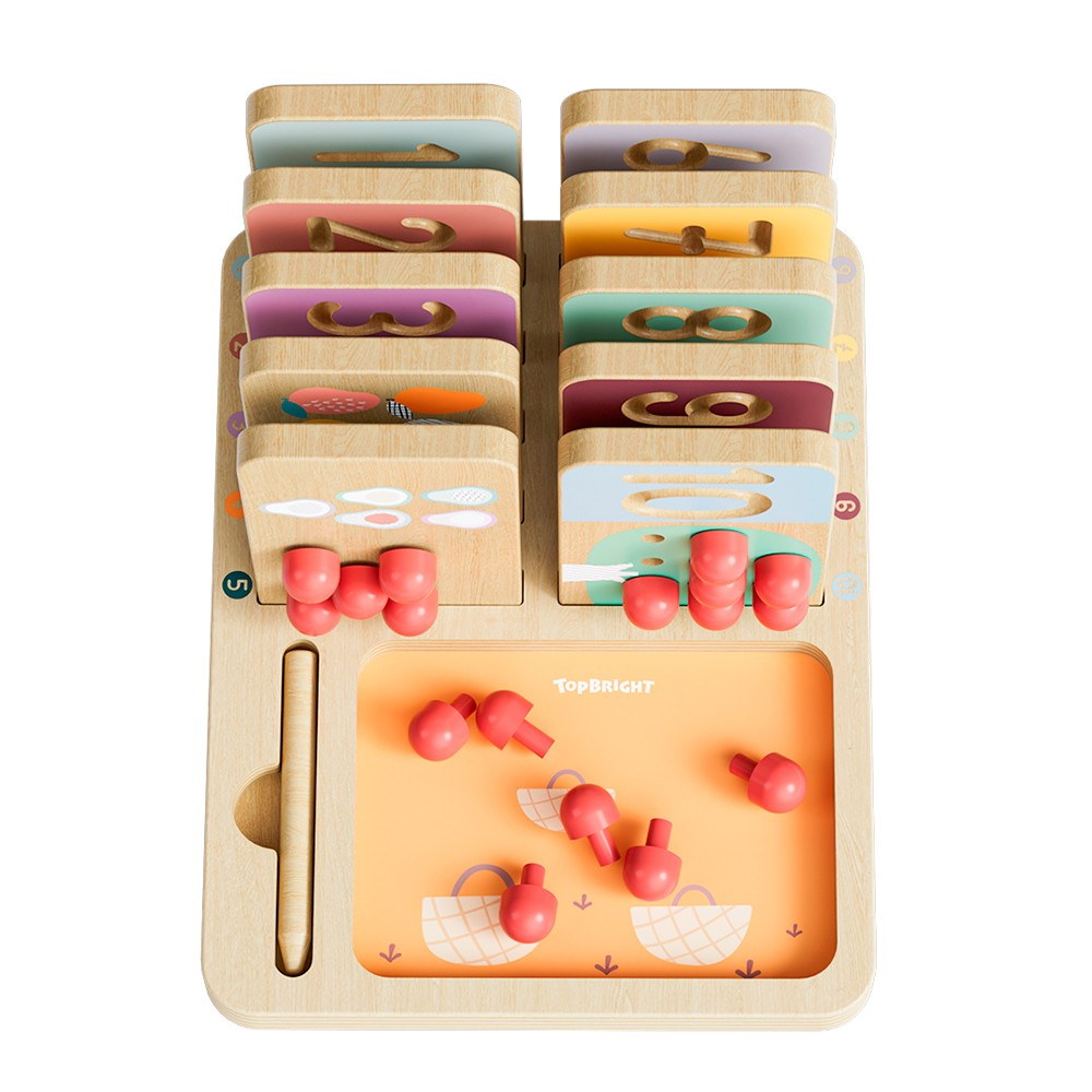 Brinquedo educativo de madeira com cartões numerados, pinos vermelhos e base laranja da marca TopBright