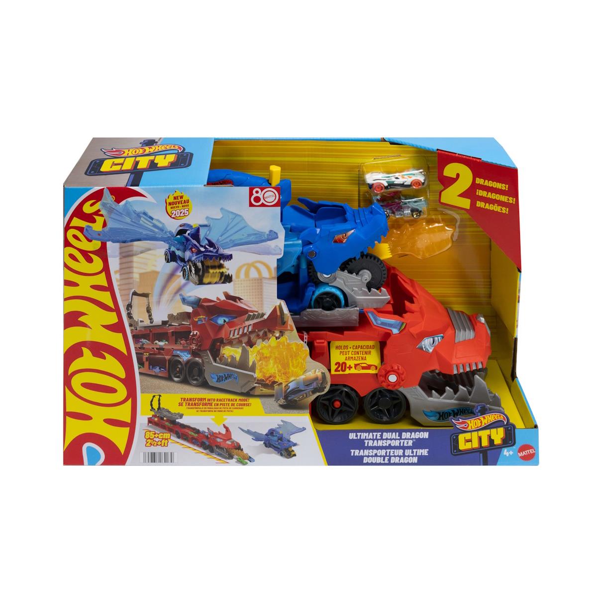 Brinquedo Hot Wheels City Ultimate Dual Dragon Transporter com duas miniaturas de carros