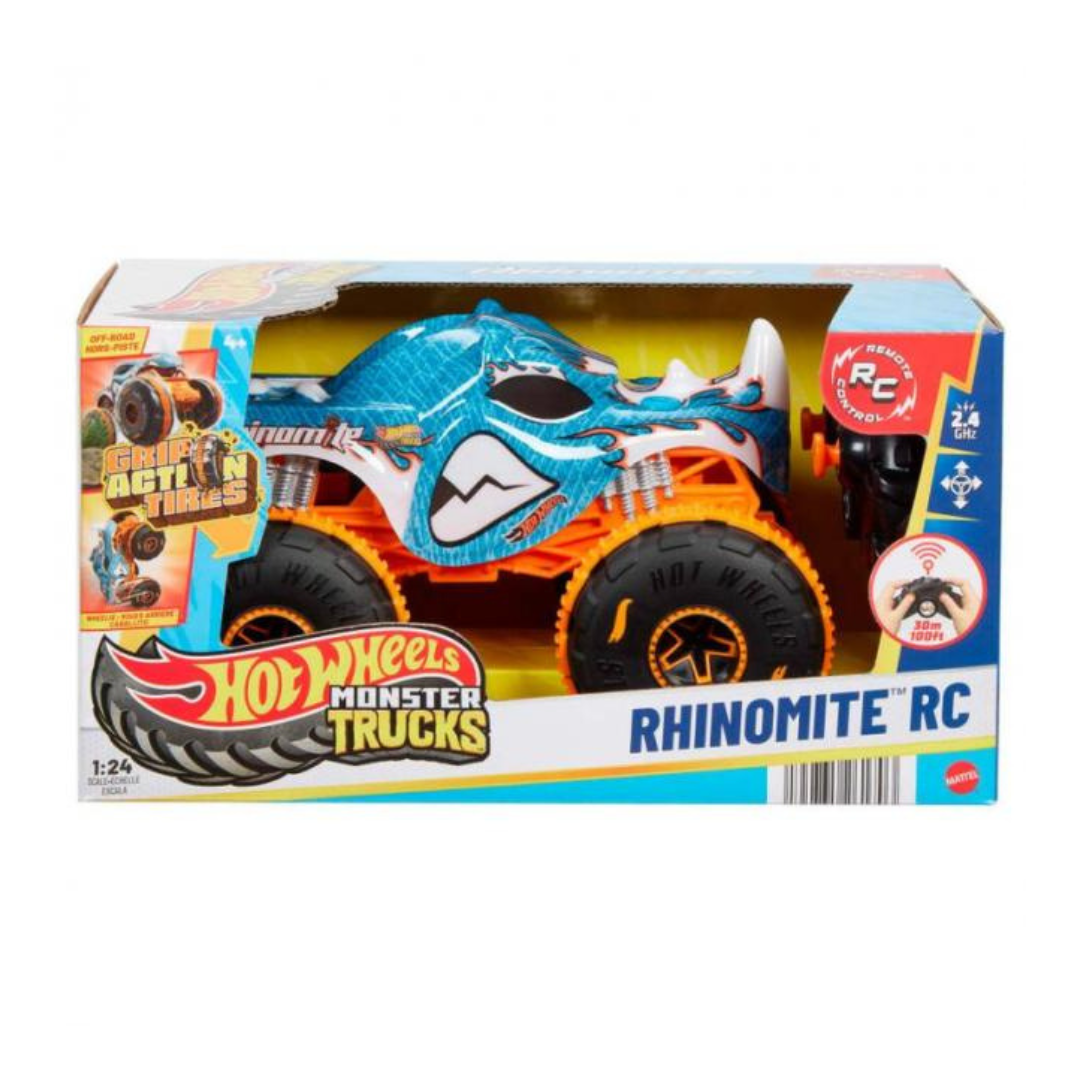 Brinquedo Hot Wheels Monster Truck Rhinomite RC azul e laranja na embalagem