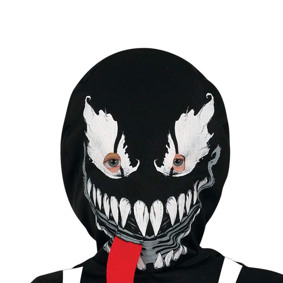 Máscara preta com desenho branco de dentes e olhos, com língua vermelha e aberturas para os olhos