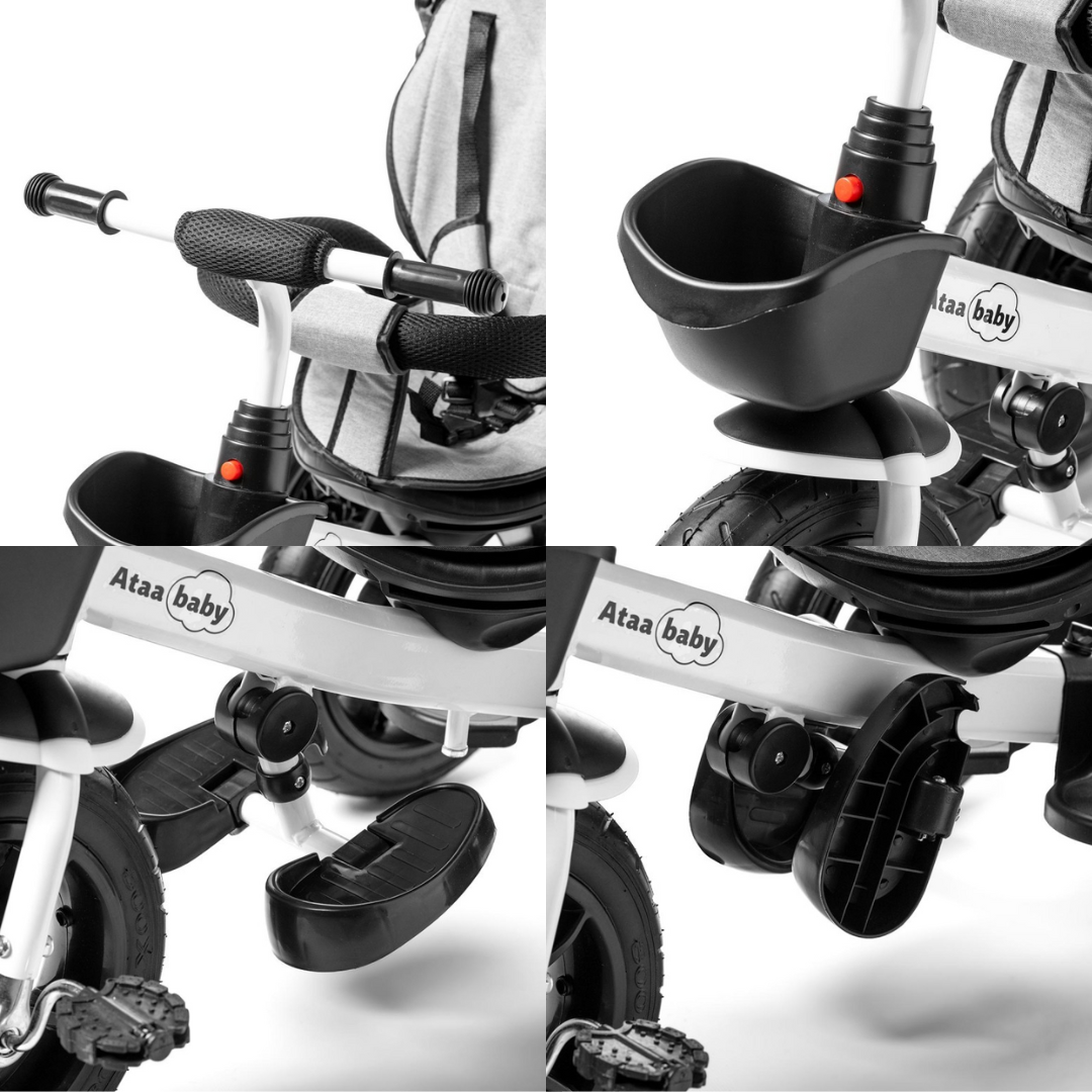 Triciclo infantil branco e preto com acessórios e marca Ataa baby