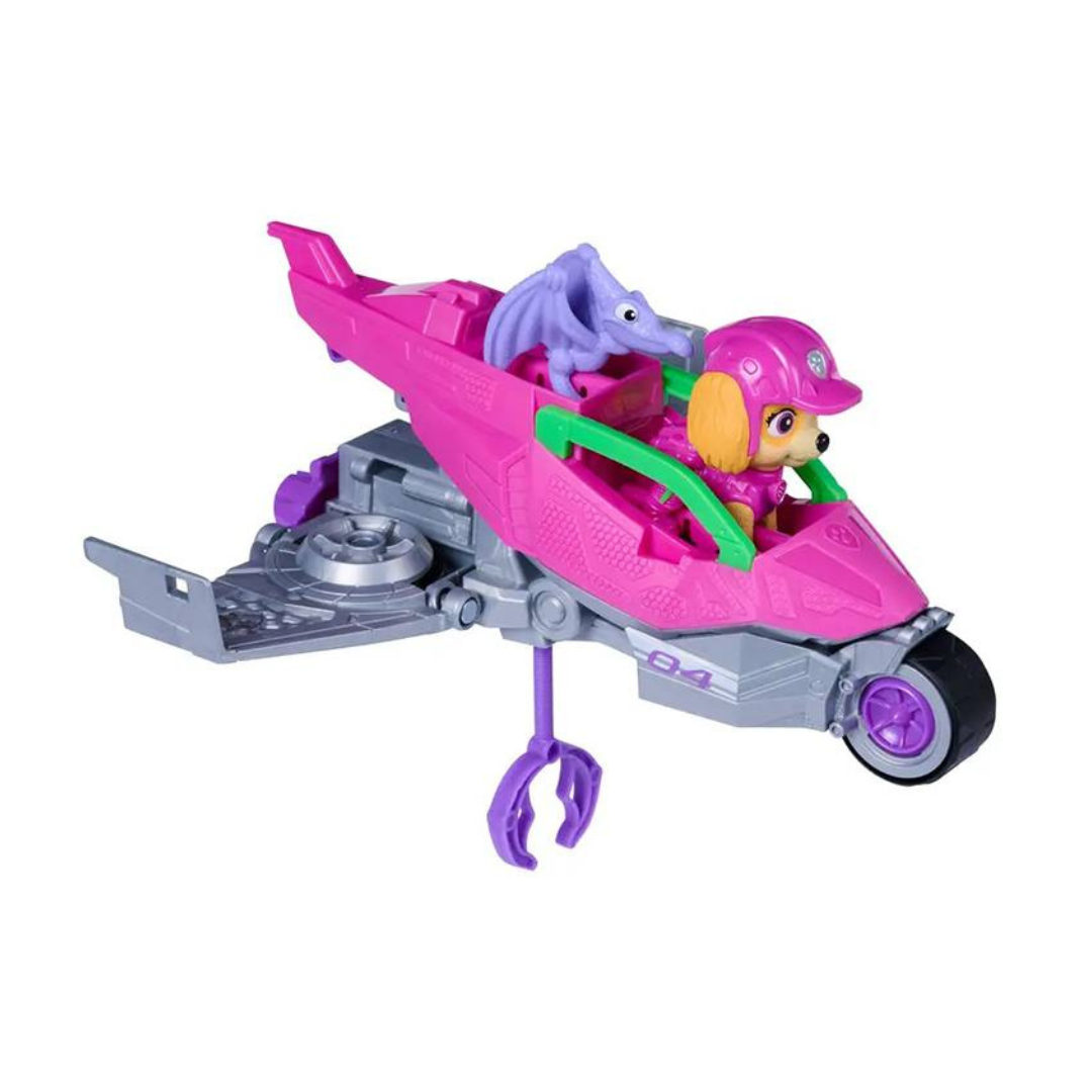 Veículo brinquedo cor-de-rosa com cão e dinossauro roxo