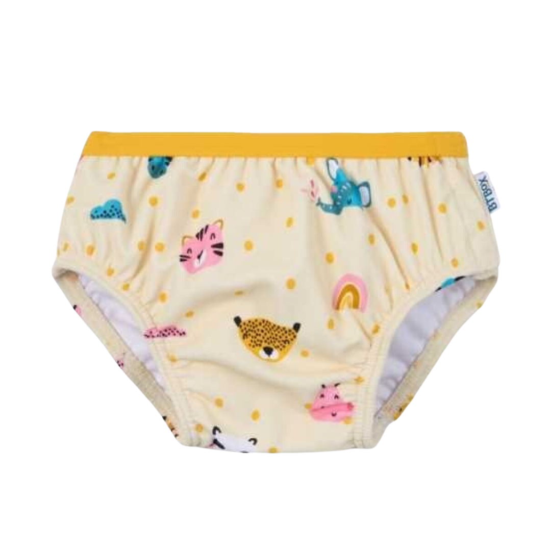 Cueca reutilizável bebé amarelo claro com desenhos de animais e bolinhas amarelas