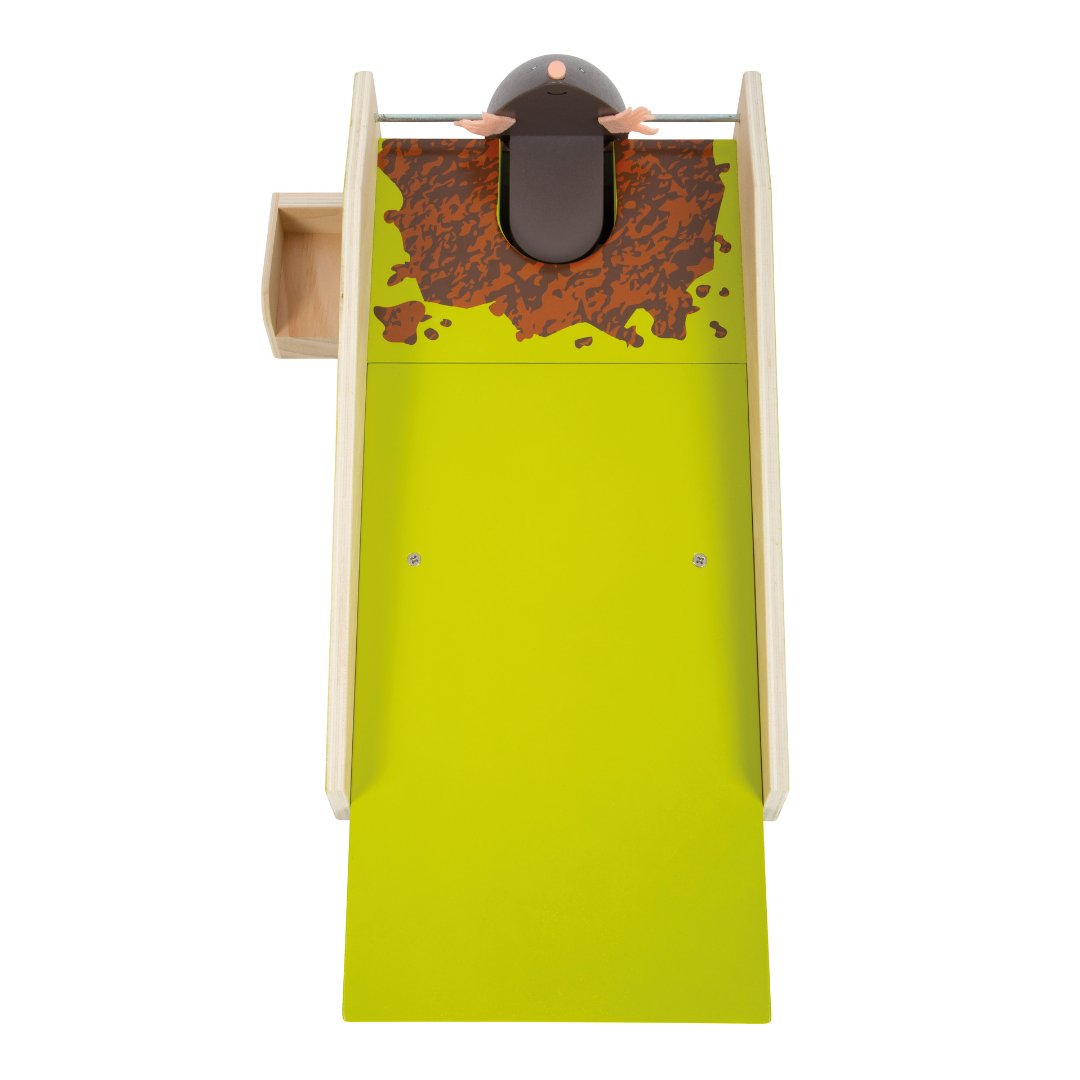 Brinquedo infantil de madeira com toupeira e gaveta lateral