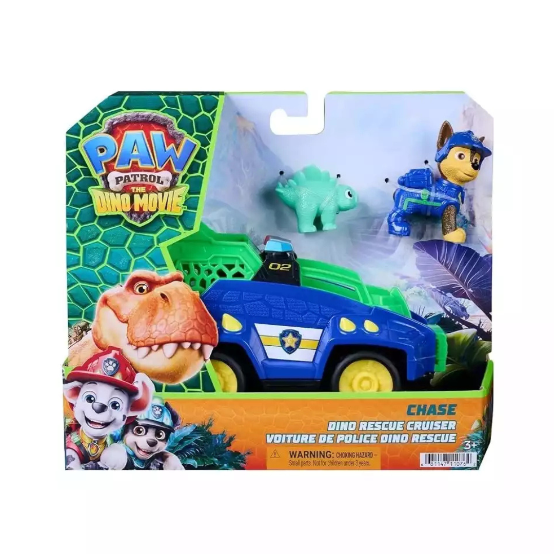 Brinquedo PAW Patrol The Dino Movie com veículo, figura de cão e dinossauro em embalagem colorida