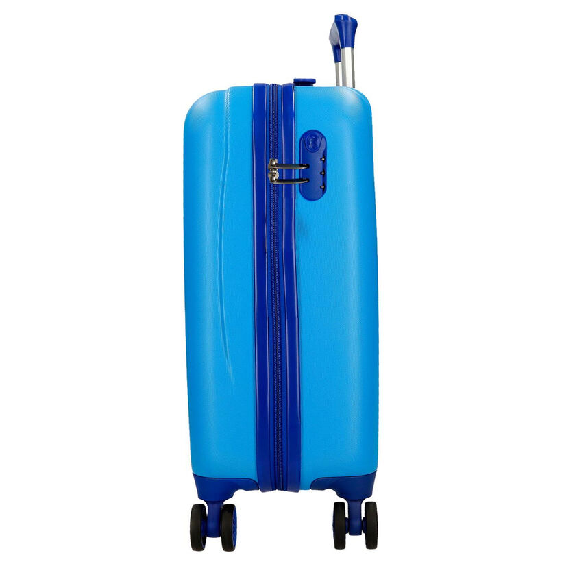 Mala de viagem rígida azul com cadeado e rodinhas