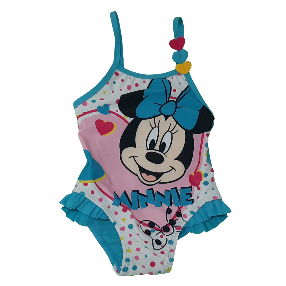Fato de banho infantil da Minnie com bolinhas coloridas e detalhes azuis