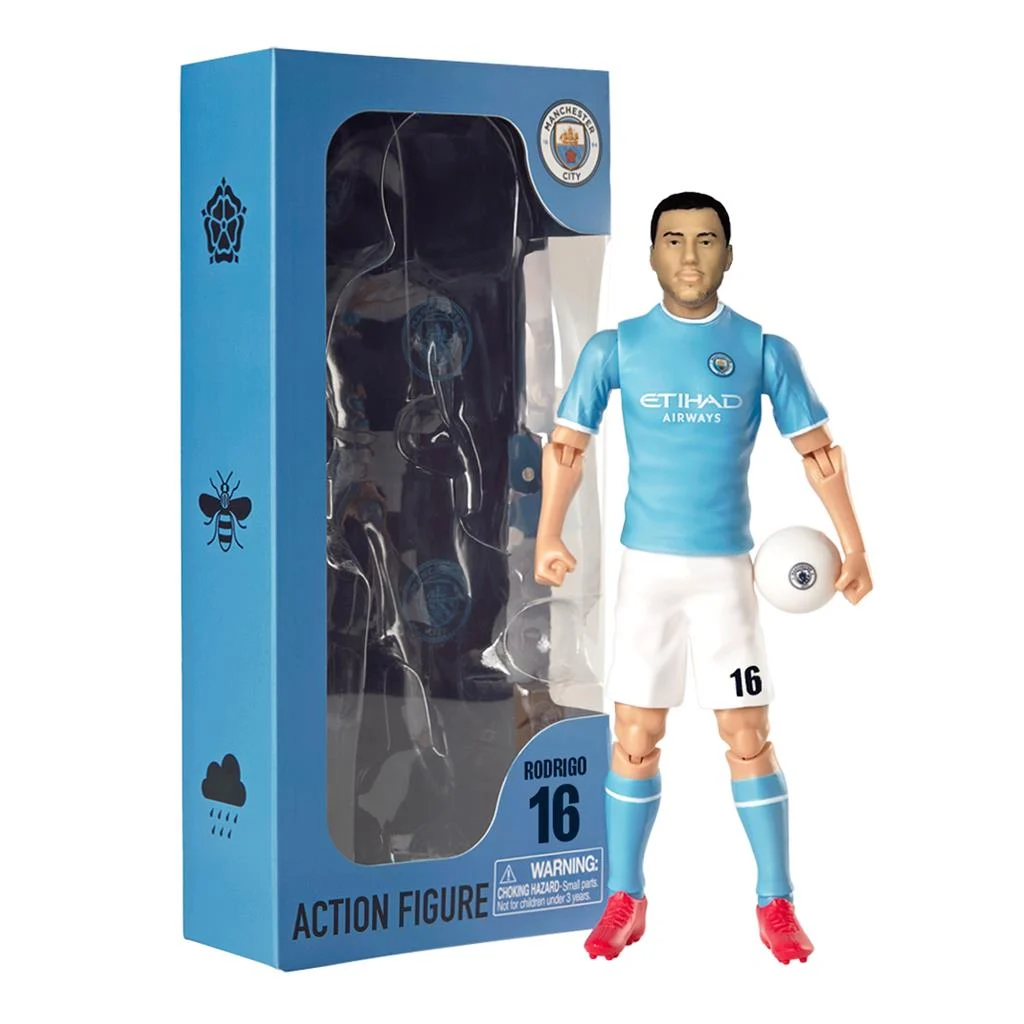 Figura de ação do jogador Rodrigo do Manchester City com embalagem azul
