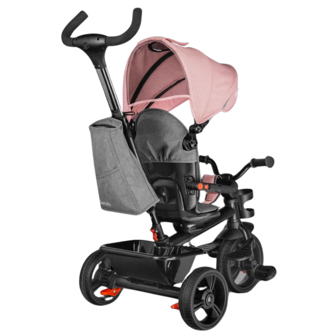 Carrinho/triciclo preto com assento cinza e capota rosa