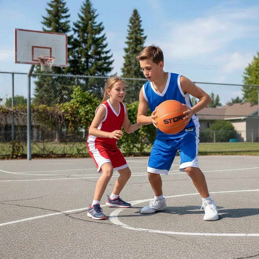 Crianças a jogar basquetebol ao ar livre, menino com fato azul e bola laranja e menina com fato vermelho e branco.