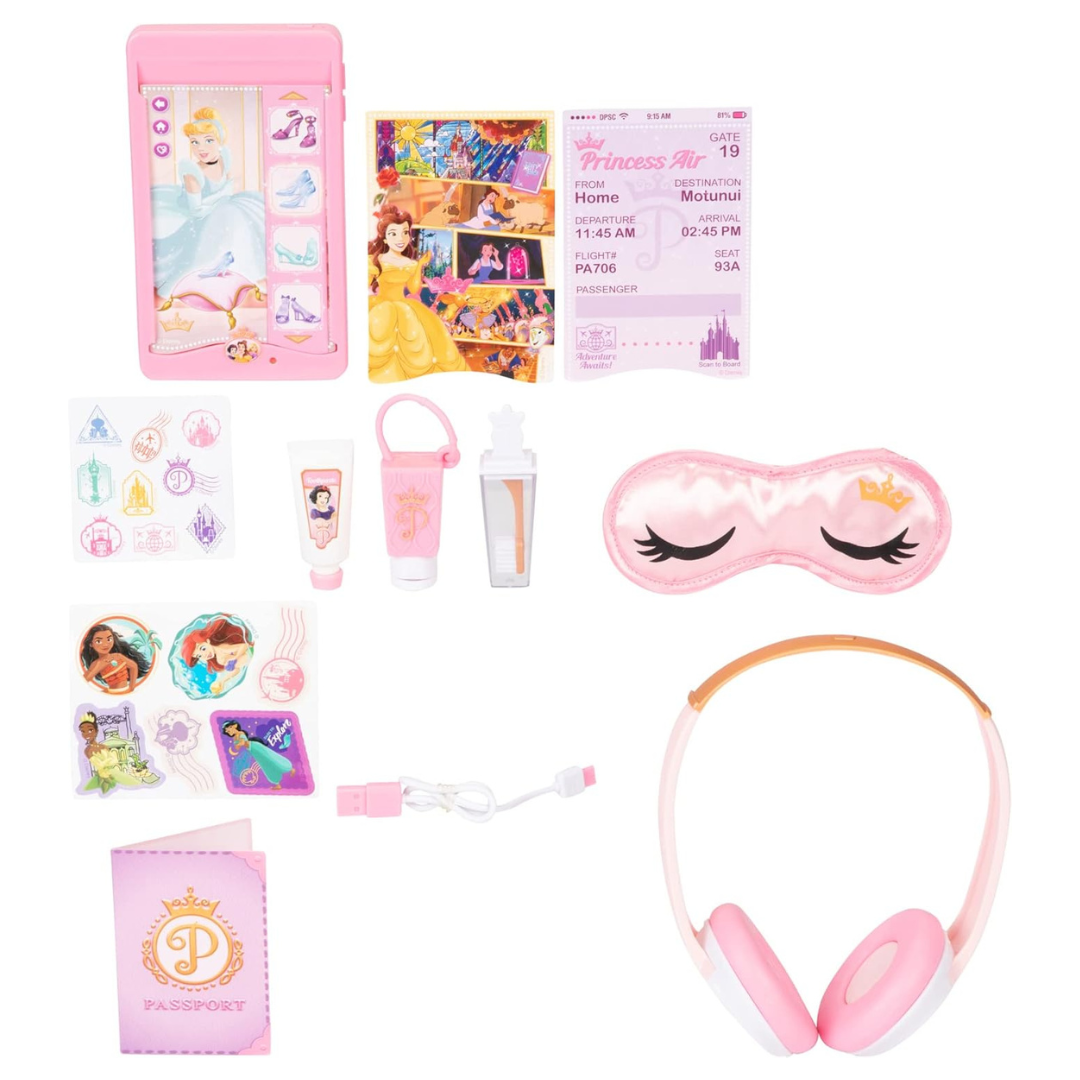 Acessórios de viagem cor-de-rosa com tema de princesa para crianças.