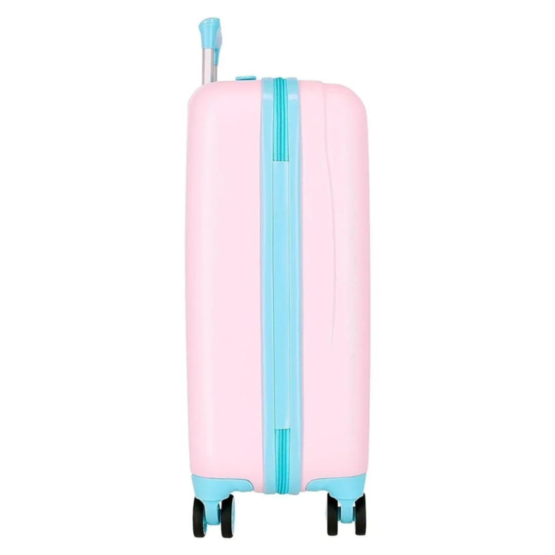 Mala de viagem rígida cor-de-rosa com detalhes azuis