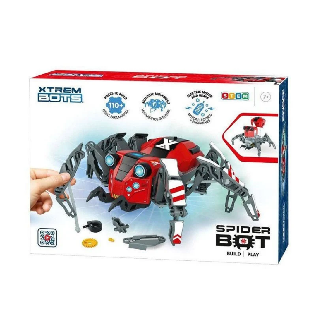 Caixa do brinquedo Spider Bot da marca Xtrem Bots com peças para montar e cores vermelho e cinzento