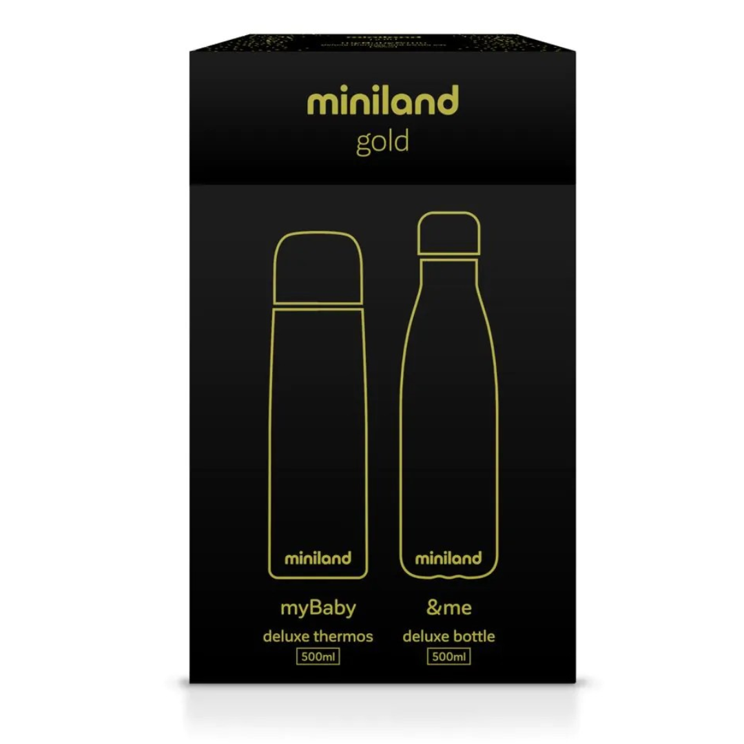 Embalagem preta Miniland gold com desenhos dourados de termoss e garrafa deluxe de 500ml