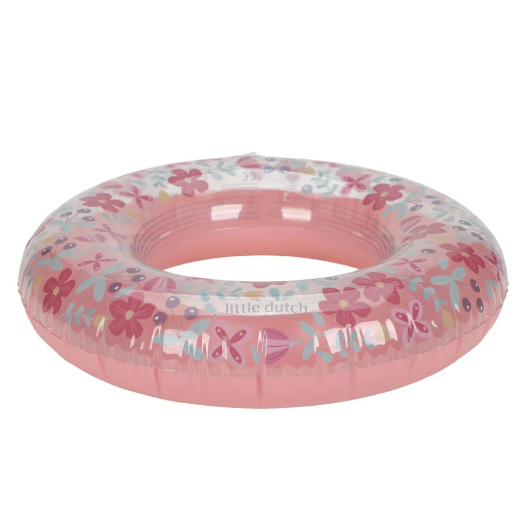 Boia insuflável circular rosa com padrão floral e texto little dutch.