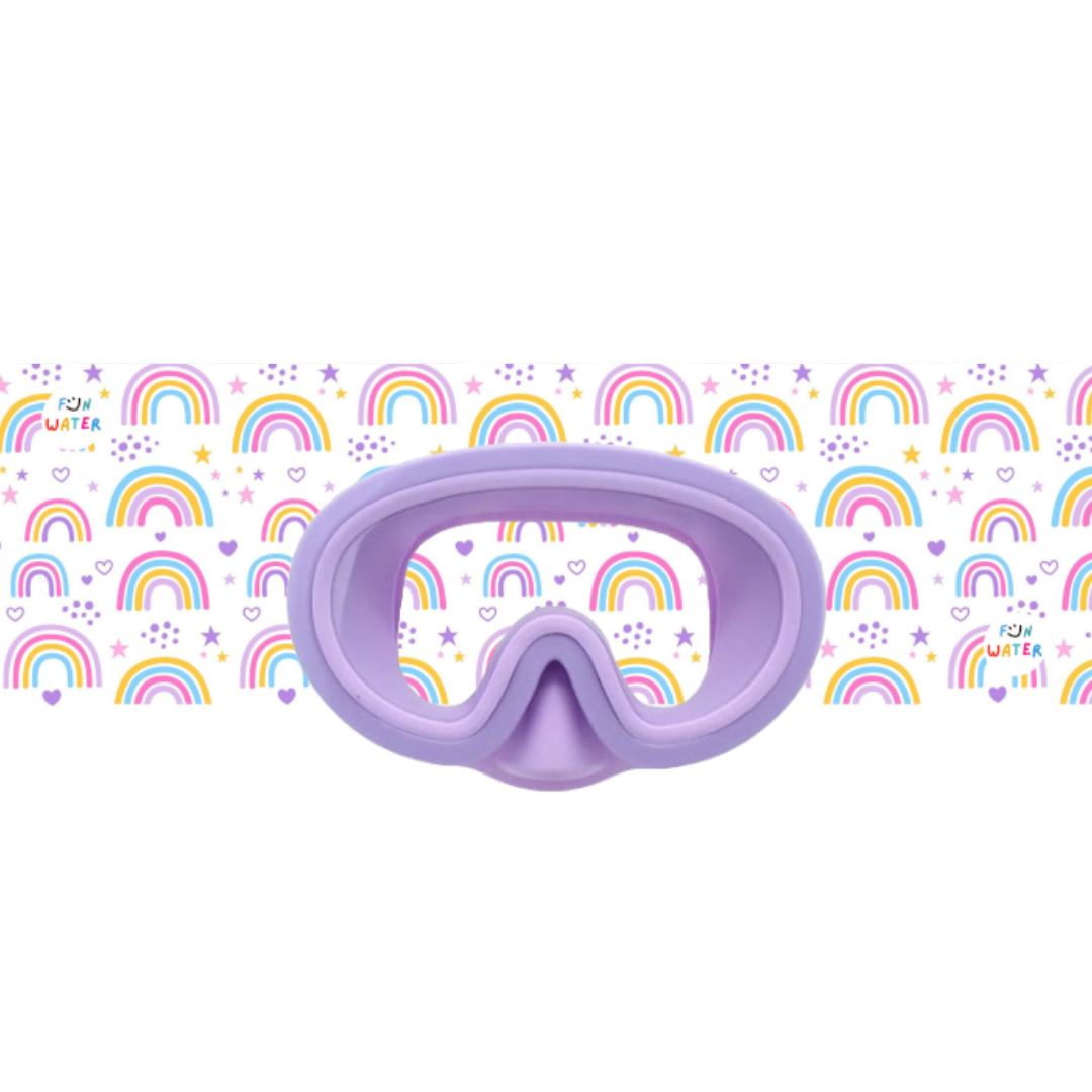 Máscara de mergulho lilás com fundo de arco-íris coloridos