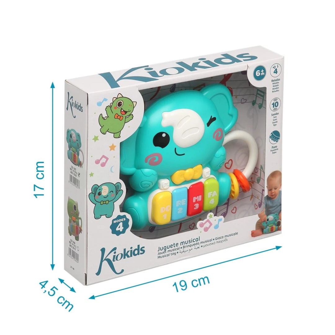 Brinquedo musical elefante azul com teclado colorido em caixa com desenhos e medidas