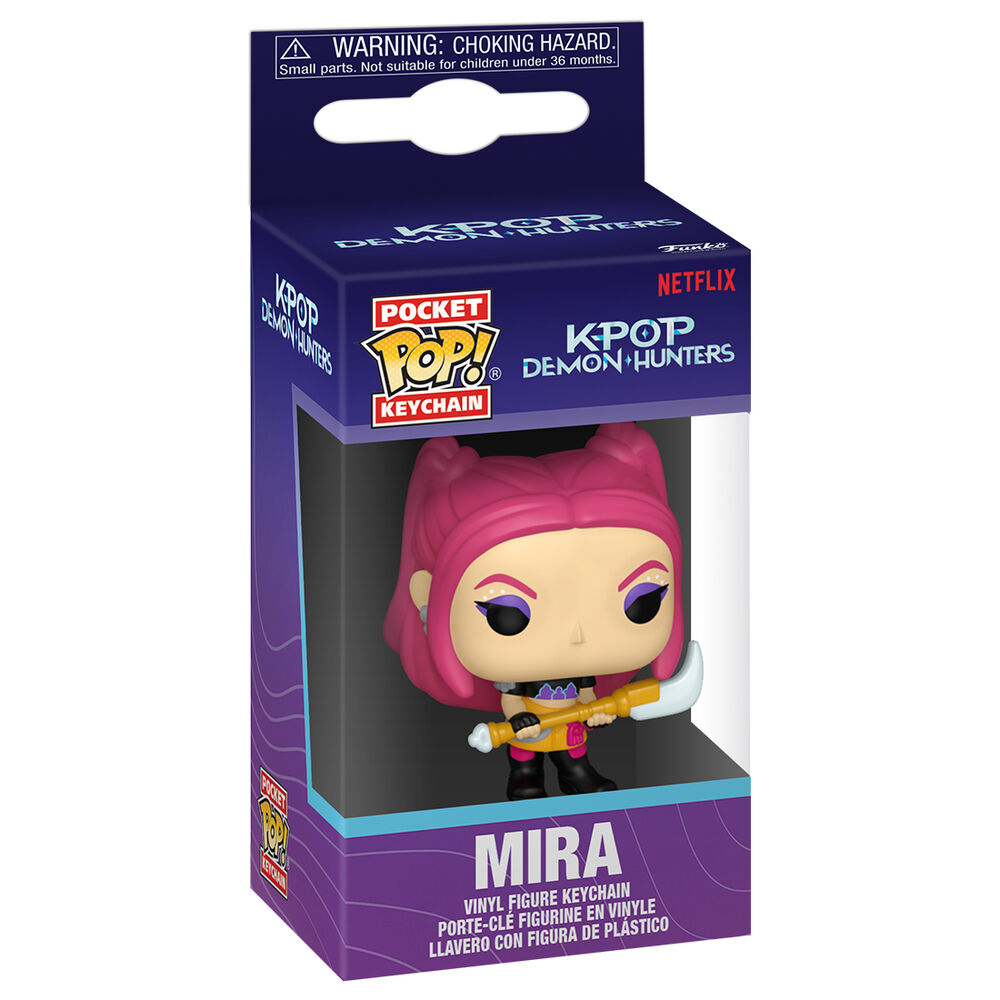 Porta-chaves com figura vinil MIRA da série KPOP DEMON HUNTERS em embalagem azul e roxa