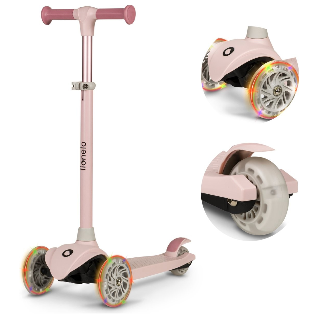 Trotinete infantil rosa com rodas iluminadas e guidão ajustável