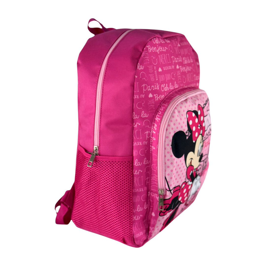 Mochila rosa com estampa da Minnie e padrão de palavras em branco