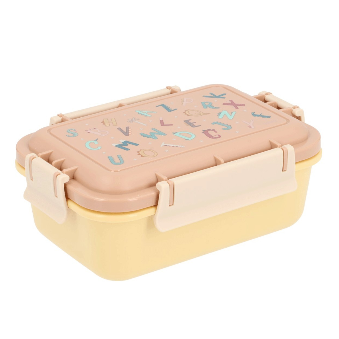 Caixa de plástico para alimentos bege com tampa castanho claro e letras coloridas