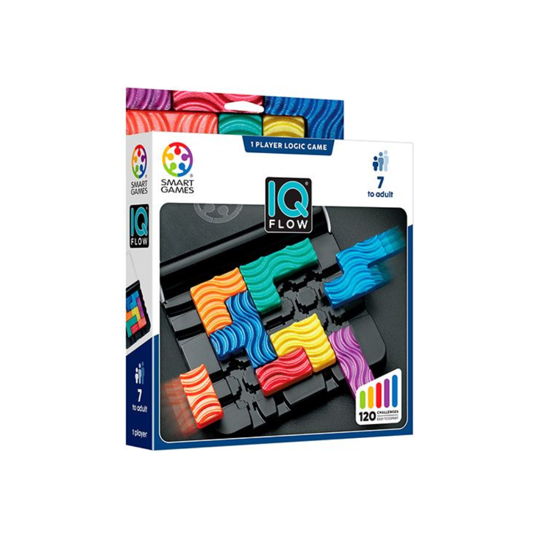 Caixa do jogo de lógica IQ Flow com peças coloridas