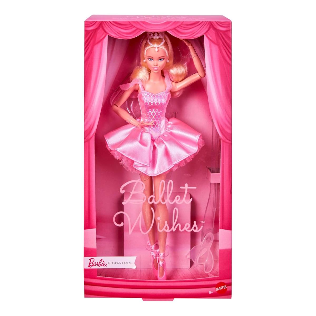 Boneca Barbie Signature de bailarina em caixa rosa com texto Ballet Wishes