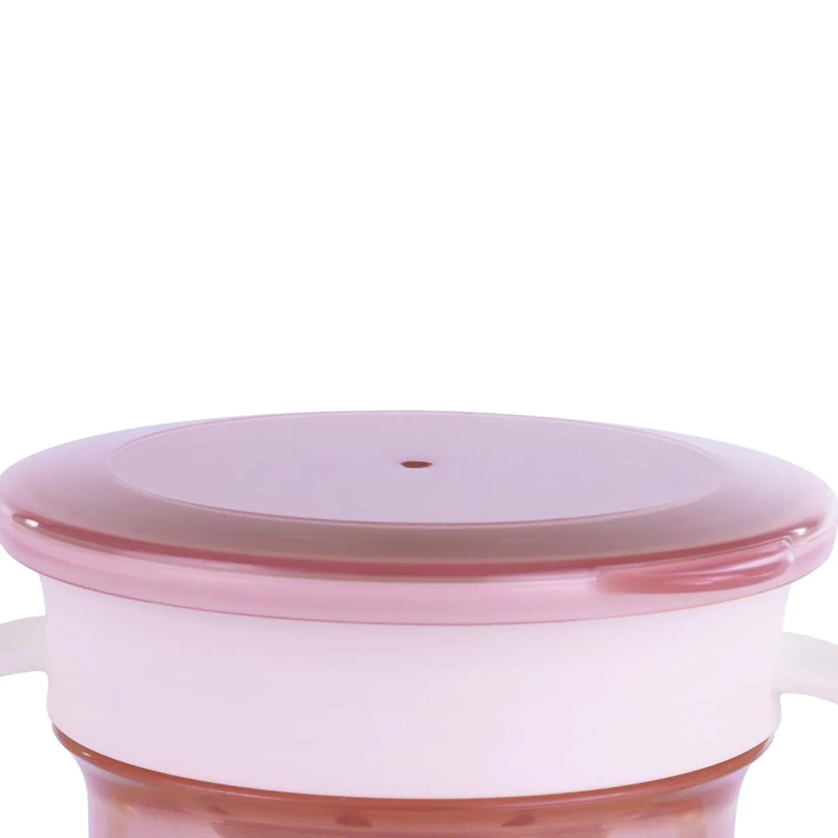 Copo de silicone rosa com tampa e pegas laterais brancas