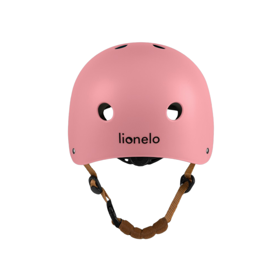Capacete rosa com correia castanha da marca lionelo