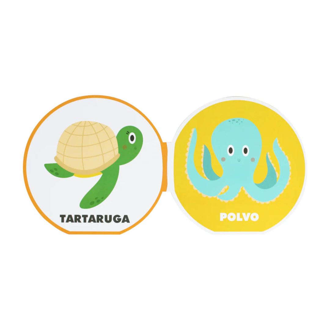 Livro infantil aberto com imagens de tartaruga e polvo e textos TARTARUGA e POLVO