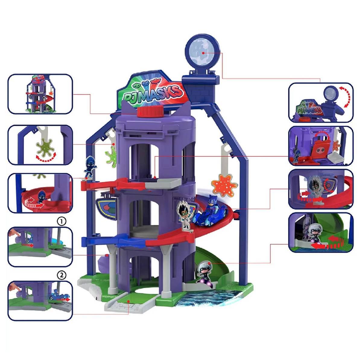 set de jogo Pj Masks com estrutura roxa de três andares e personagens