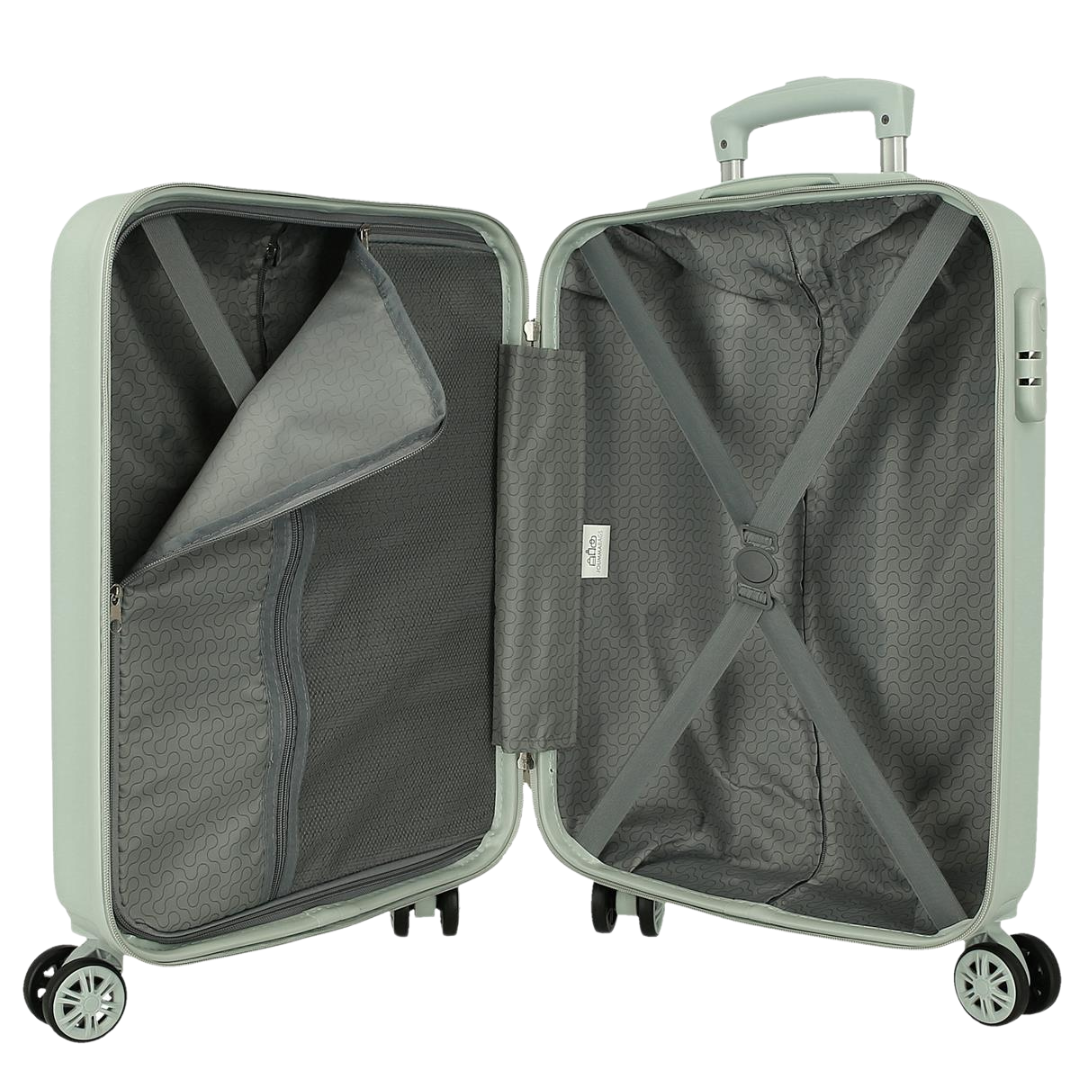 Mala de viagem rígida verde claro aberta a mostrar interior cinzento