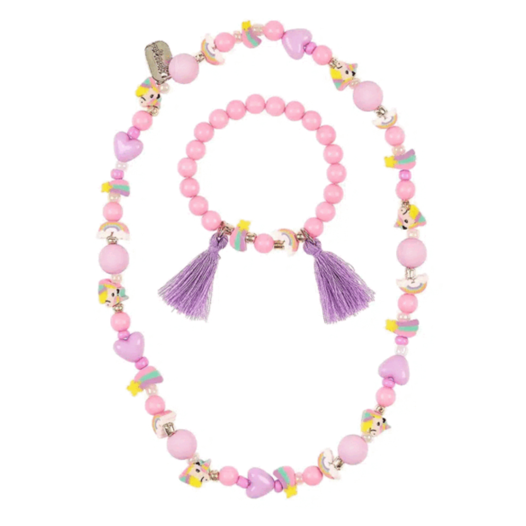 Conjunto infantil de colar e pulseira coloridos com contas e figuras de unicórnio