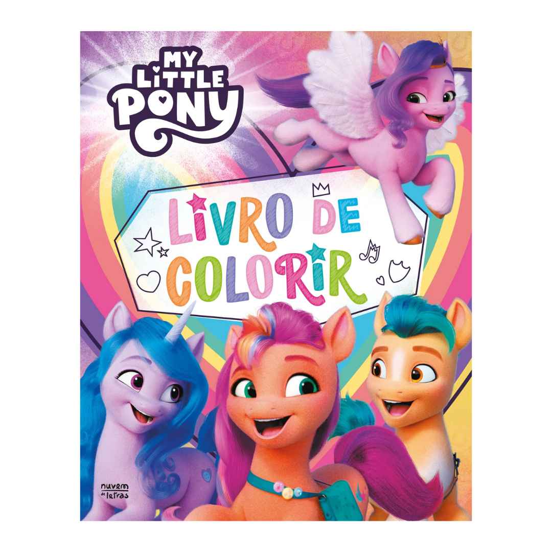 Capa de livro de colorir My Little Pony com personagens e fundo colorido