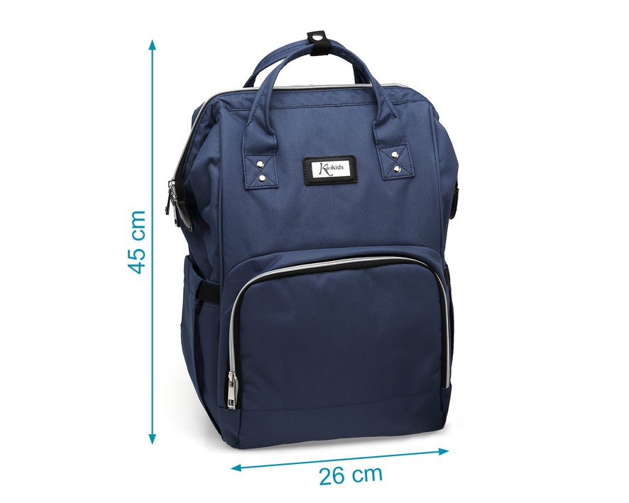 Mochila azul escura com bolso frontal e etiqueta Kanken