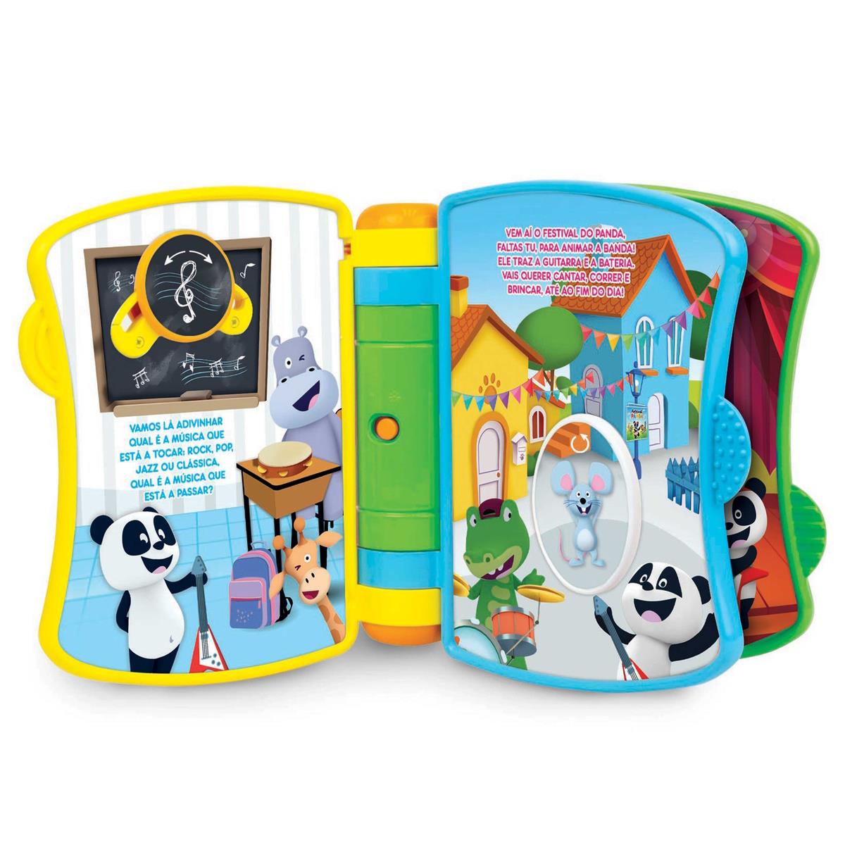 Livro infantil interativo colorido com animais e instrumentos musicais