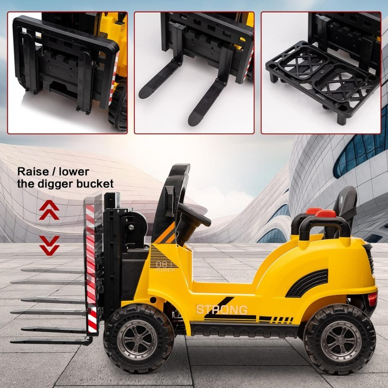 Brinquedo de carrinho amarelo com funções de escavadora e texto STRONG