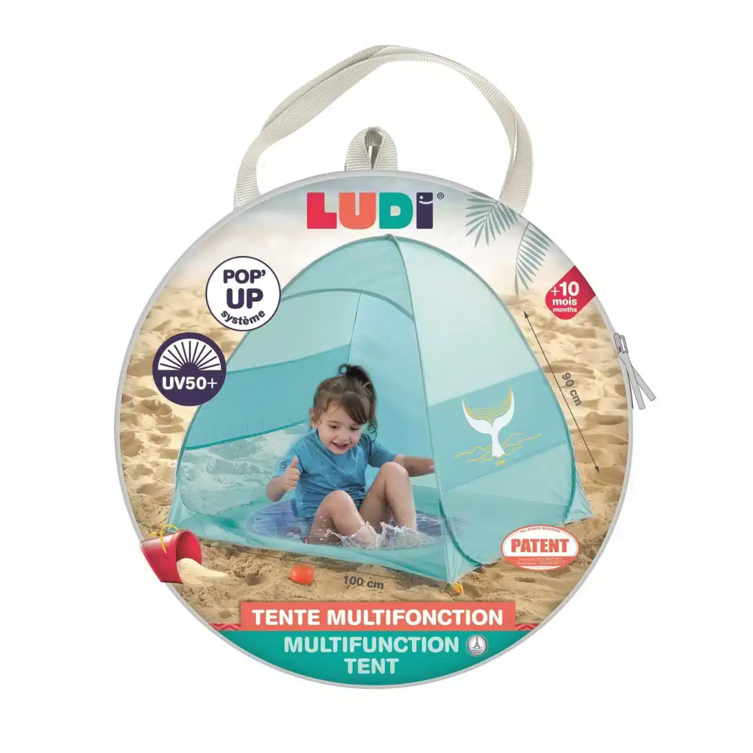Embalagem redonda contendo tenda multifunção azul claro para crianças na praia com sistema pop up